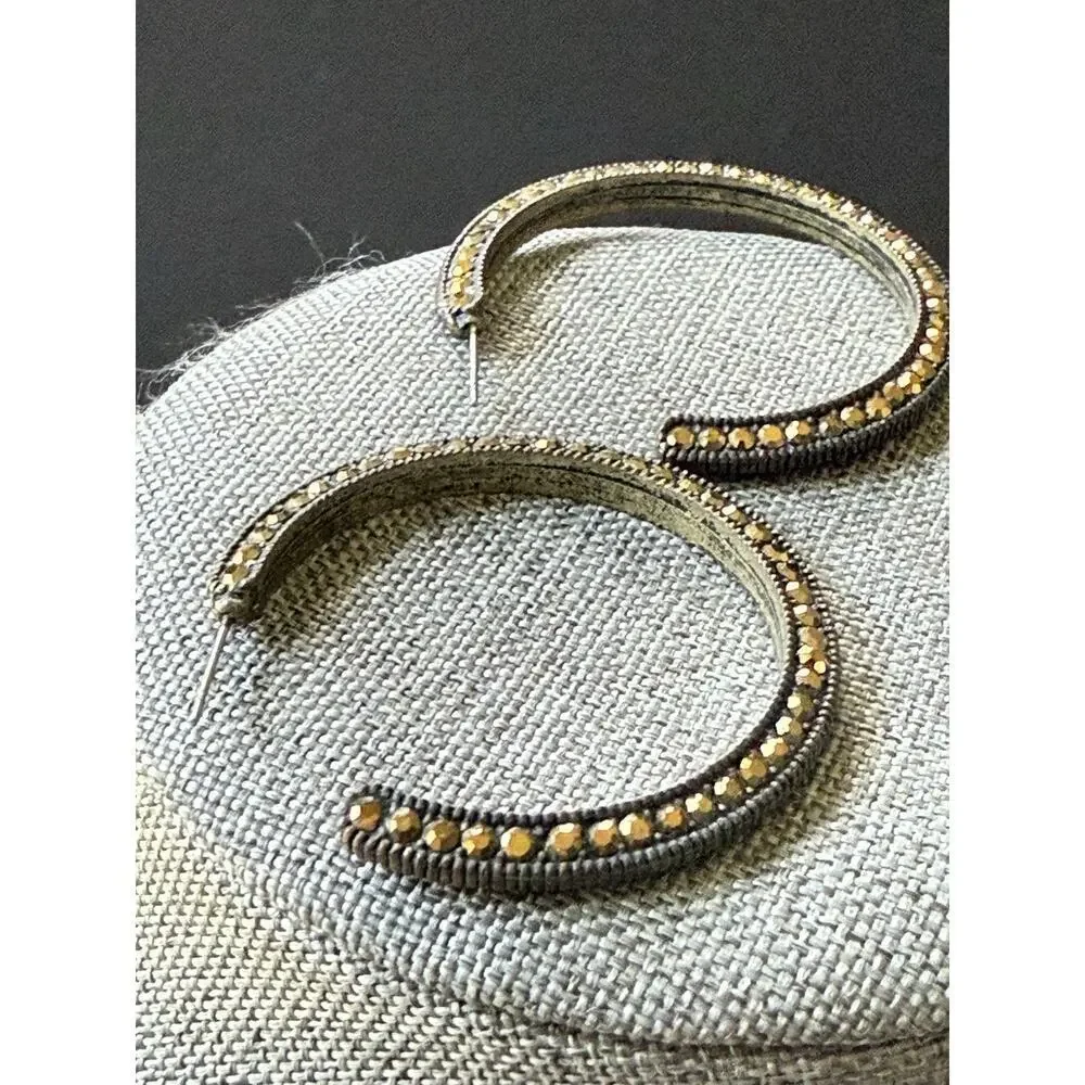 Metal Stud Hoop Earrings Rhinestones Crystal Bead Metallic Gold Tone Pierced